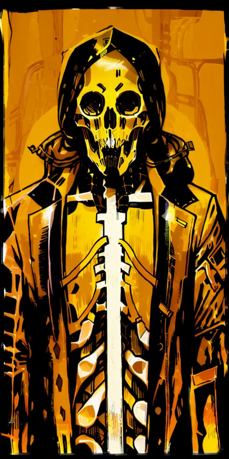 a man with a skeleton suit, yellow color,  <lora:tarot card 512x1024:1>